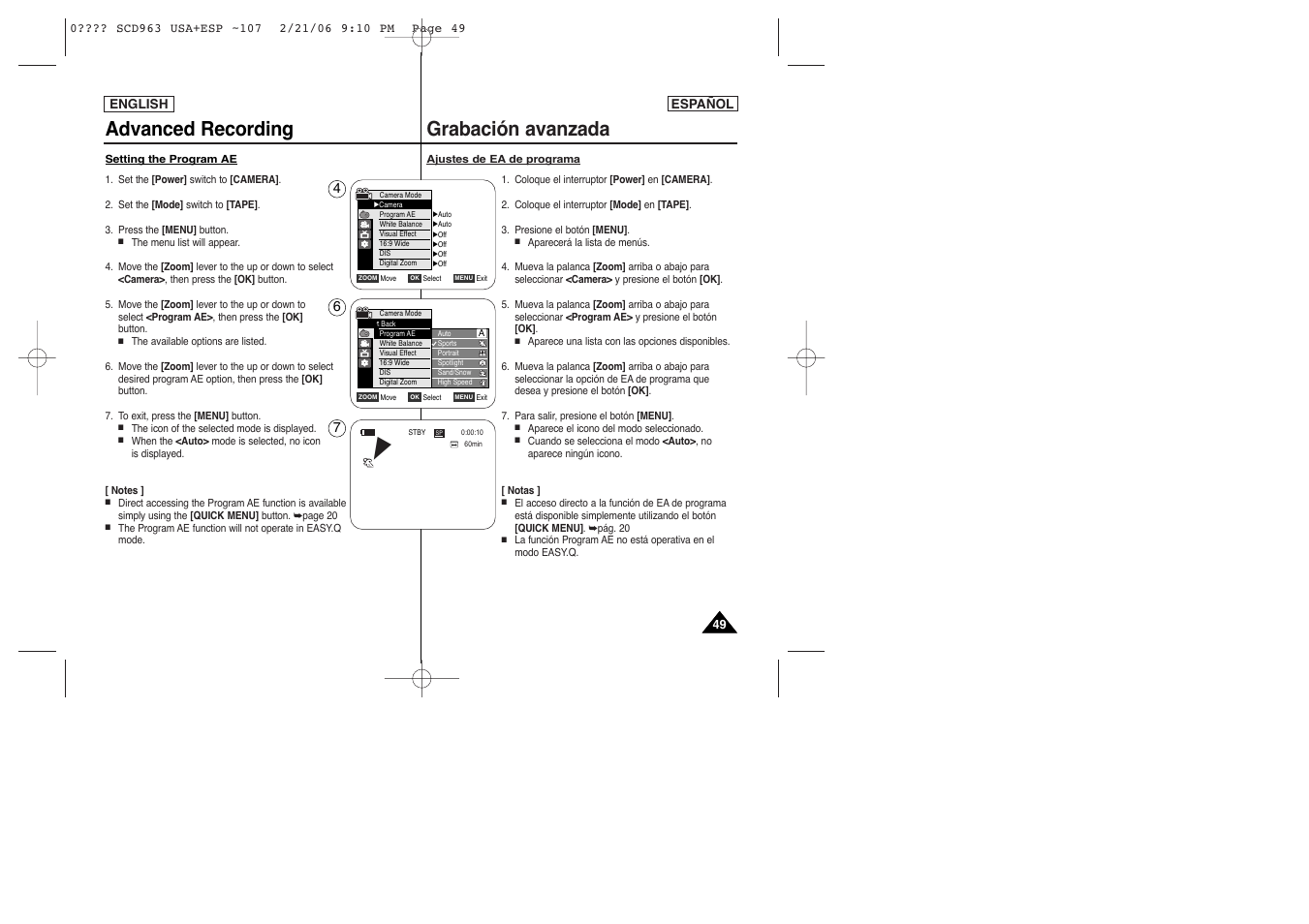 Advanced recording, Grabación avanzada | Samsung CAMCODER SC-D963 User Manual | Page 49 / 107