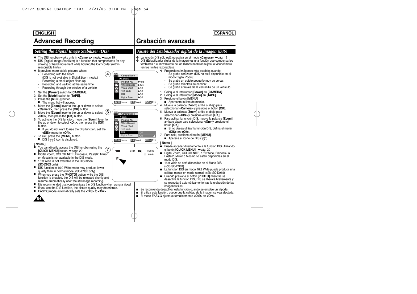 Advanced recording grabación avanzada | Samsung CAMCODER SC-D963 User Manual | Page 54 / 107