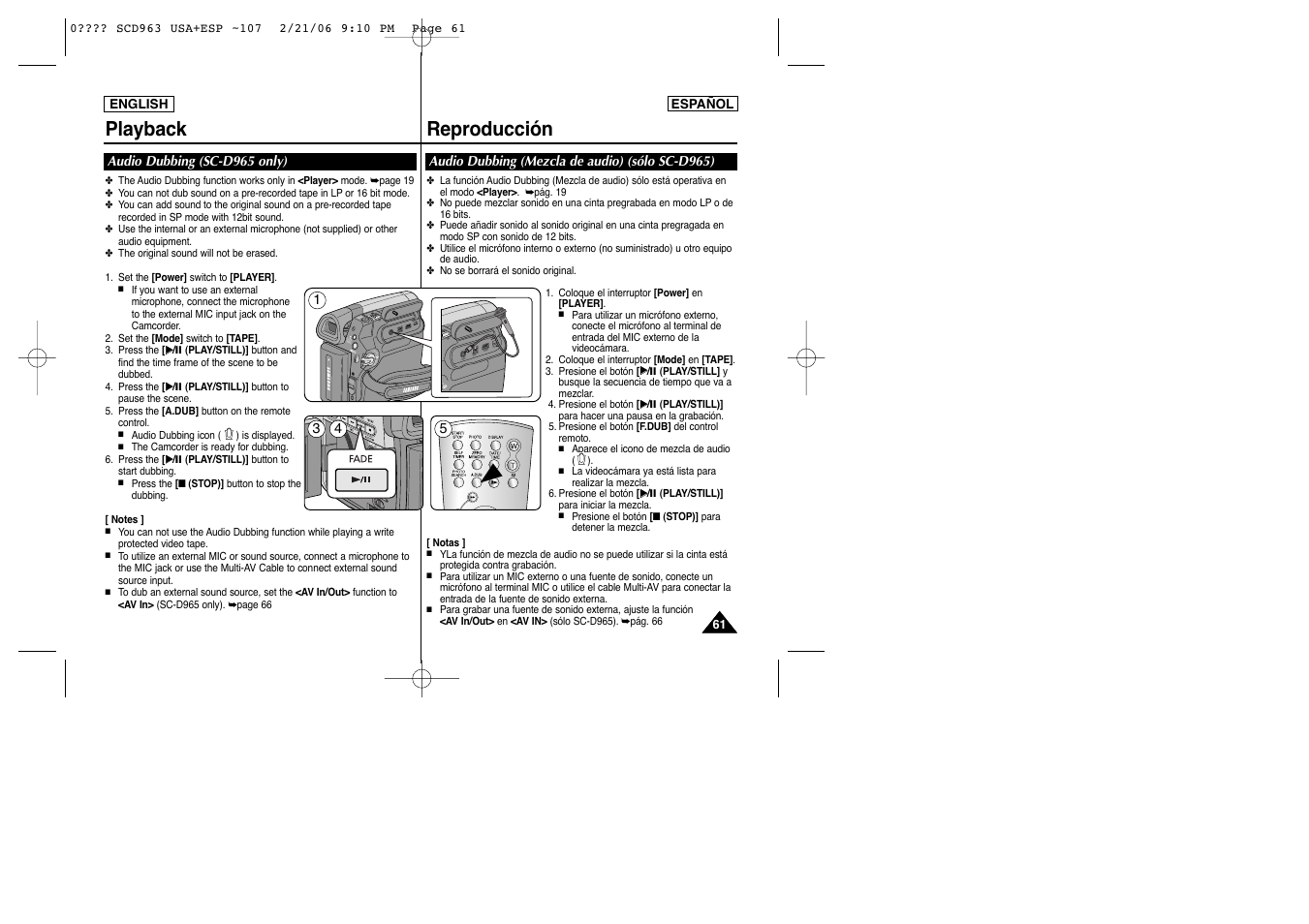 Playback reproducción, Playe r ca m er a quick menu mic dv us b av/ s | Samsung CAMCODER SC-D963 User Manual | Page 61 / 107