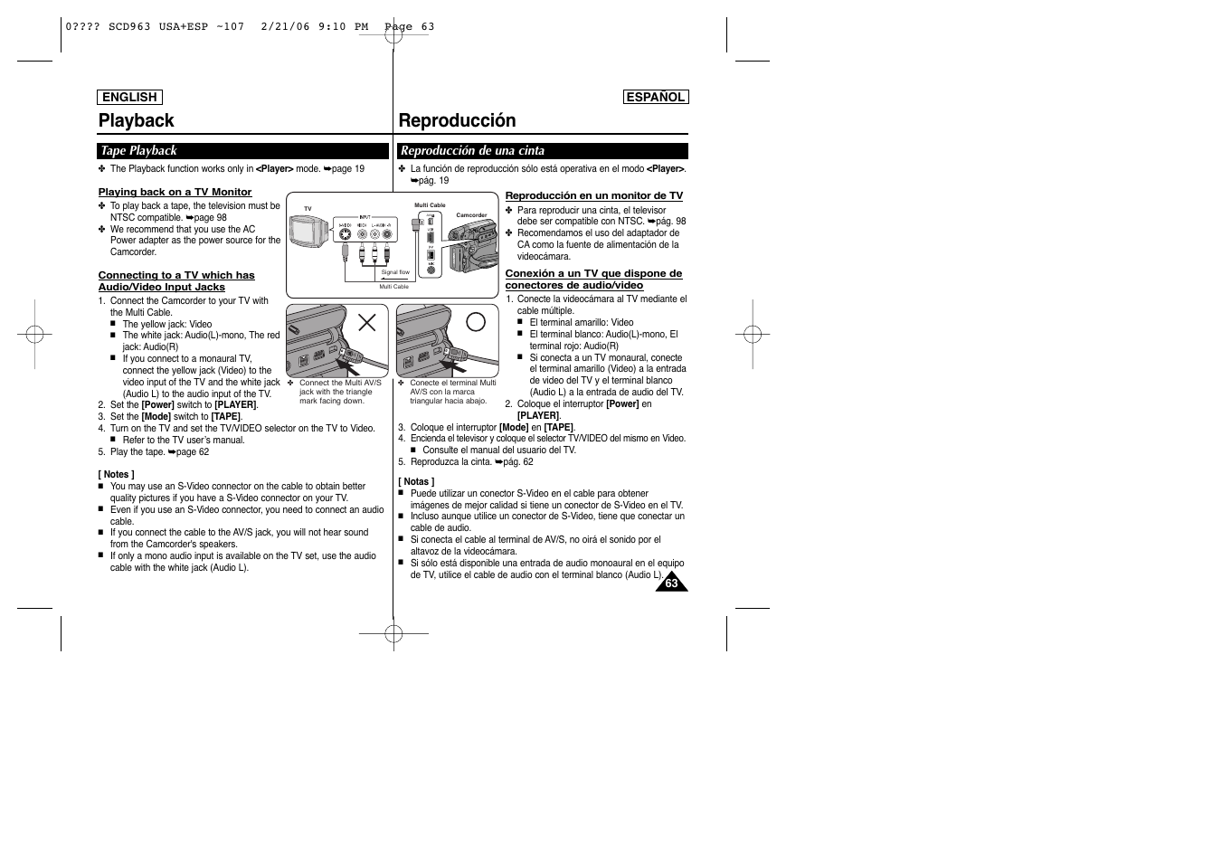 Playback reproducción, Playe r ca me r a quic k men u | Samsung CAMCODER SC-D963 User Manual | Page 63 / 107