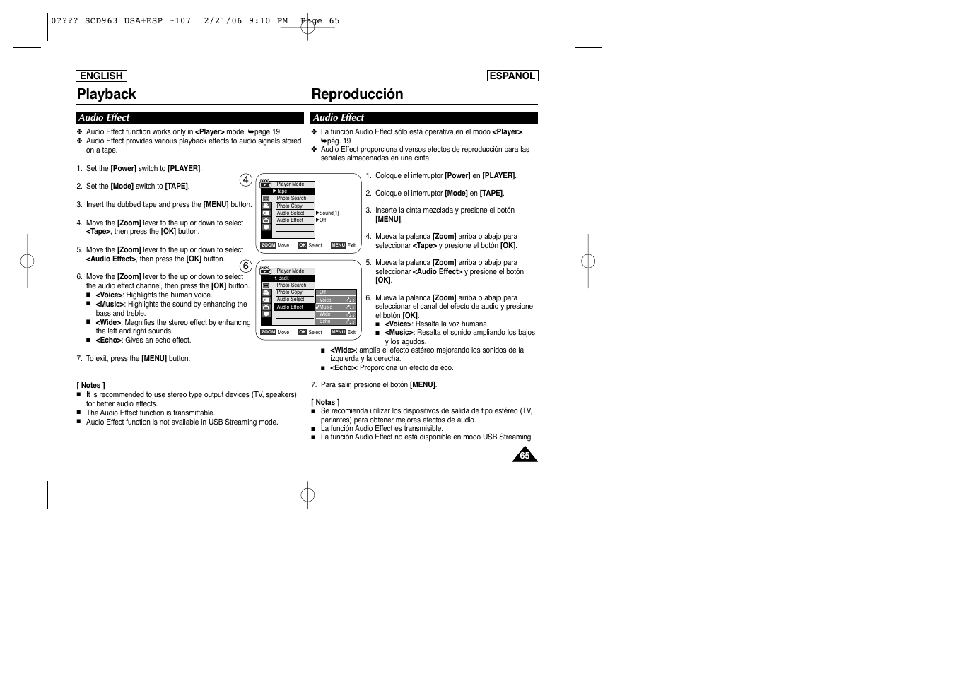 Playback reproducción, Audio effect, English español 65 65 | Samsung CAMCODER SC-D963 User Manual | Page 65 / 107