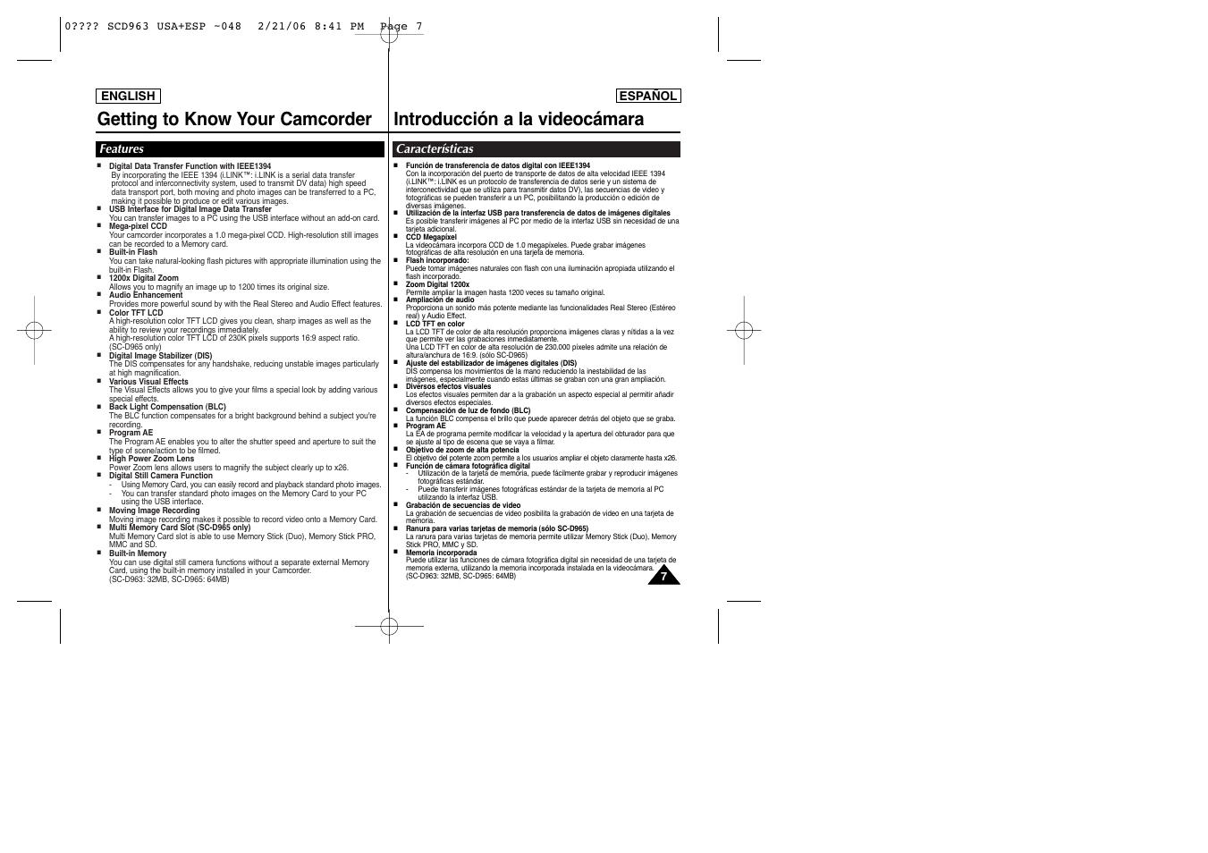 Features, Características | Samsung CAMCODER SC-D963 User Manual | Page 7 / 107