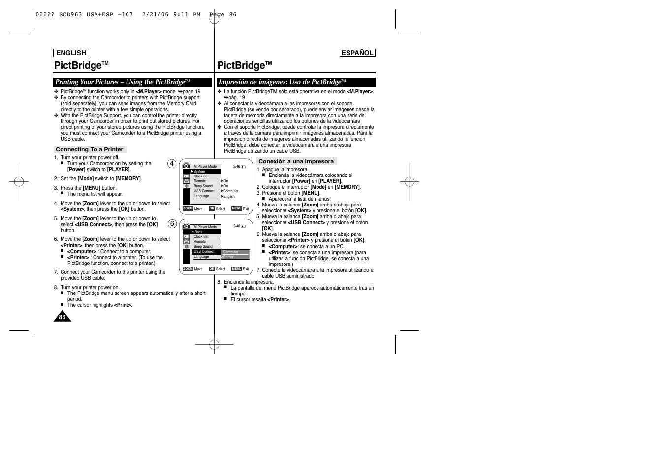 Pictbridge, Printing your pictures – using the pictbridge, Impresión de imágenes: uso de pictbridge | Samsung CAMCODER SC-D963 User Manual | Page 86 / 107