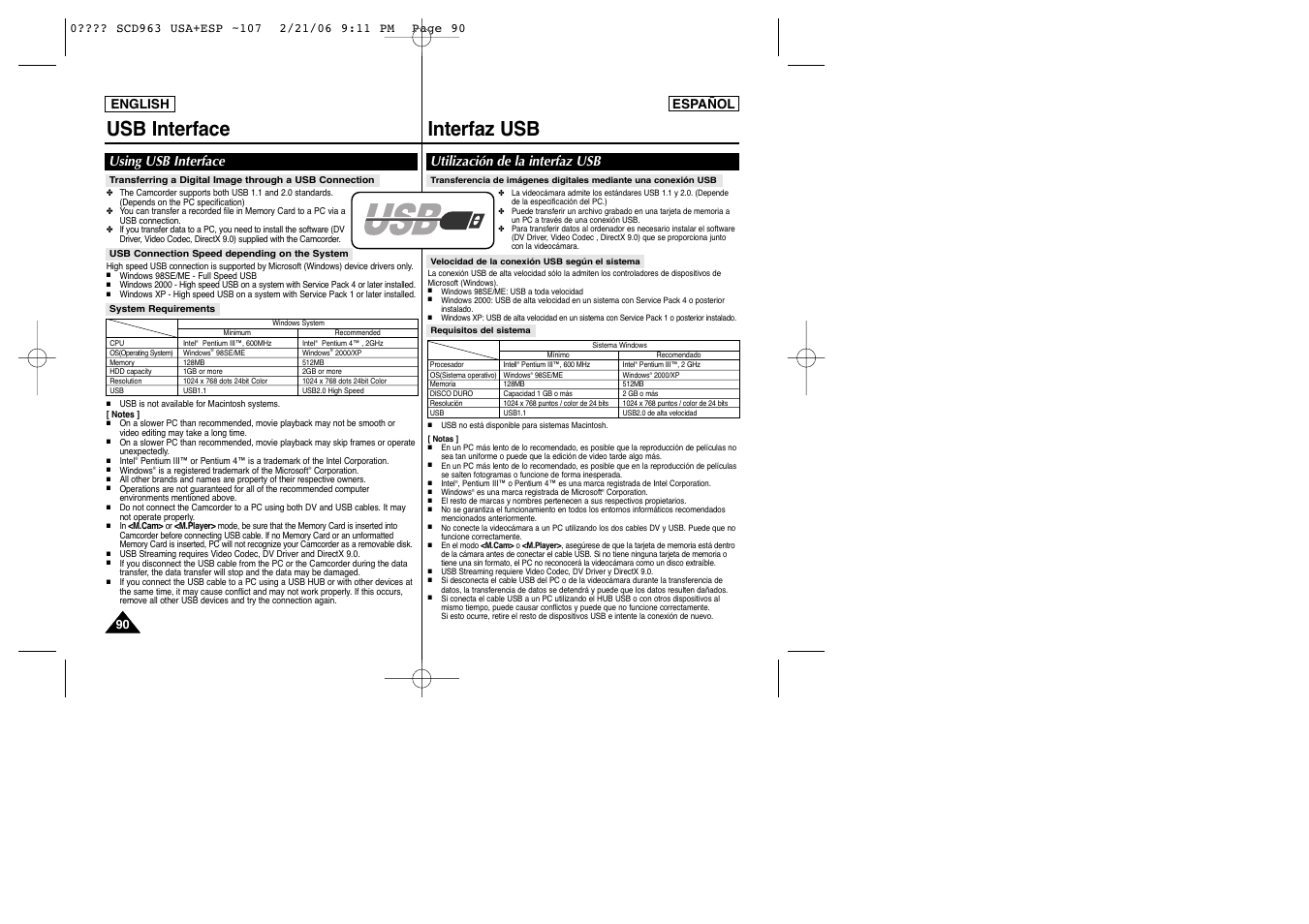 Usb interface interfaz usb, Using usb interface utilización de la interfaz usb, English español 90 90 | Samsung CAMCODER SC-D963 User Manual | Page 90 / 107