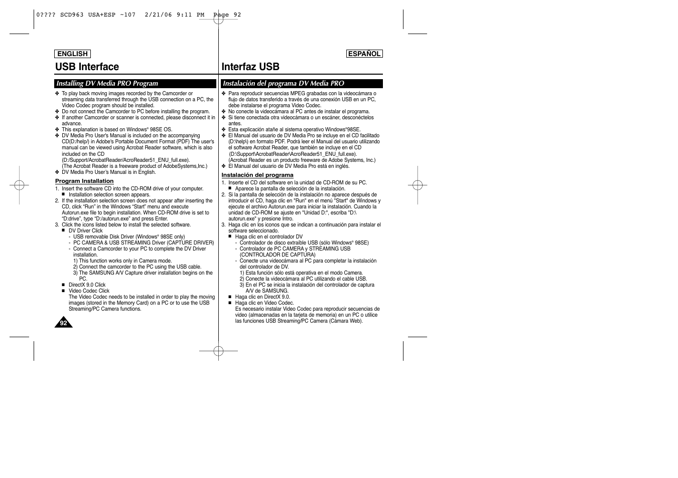 Usb interface interfaz usb | Samsung CAMCODER SC-D963 User Manual | Page 92 / 107