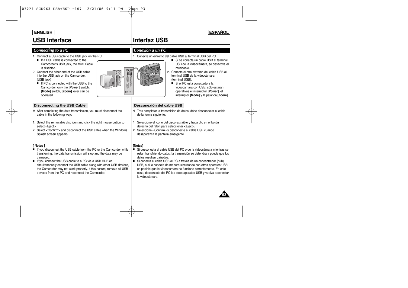 Playe r ca m er a quick men u, Usb interface interfaz usb | Samsung CAMCODER SC-D963 User Manual | Page 93 / 107