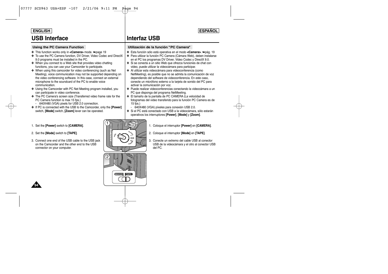 Usb interface interfaz usb | Samsung CAMCODER SC-D963 User Manual | Page 94 / 107