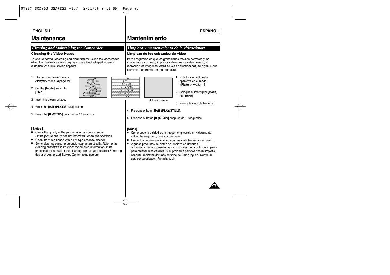 Maintenance mantenimiento | Samsung CAMCODER SC-D963 User Manual | Page 97 / 107