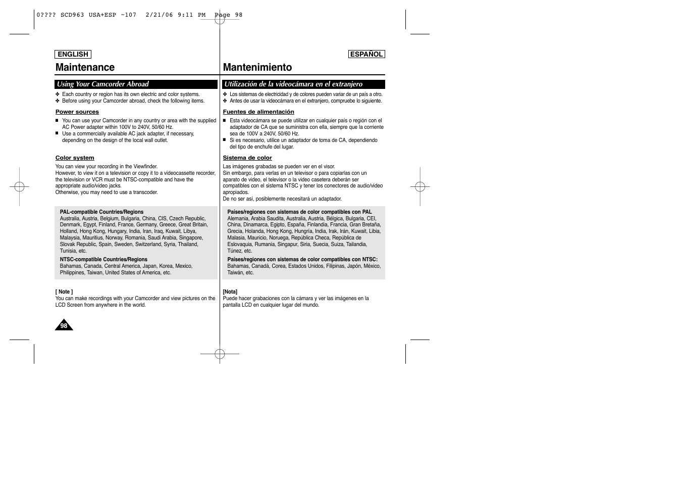 Maintenance mantenimiento | Samsung CAMCODER SC-D963 User Manual | Page 98 / 107