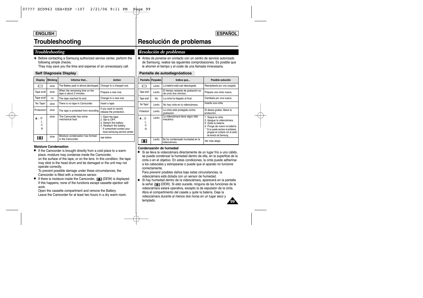 Troubleshooting resolución de problemas | Samsung CAMCODER SC-D963 User Manual | Page 99 / 107