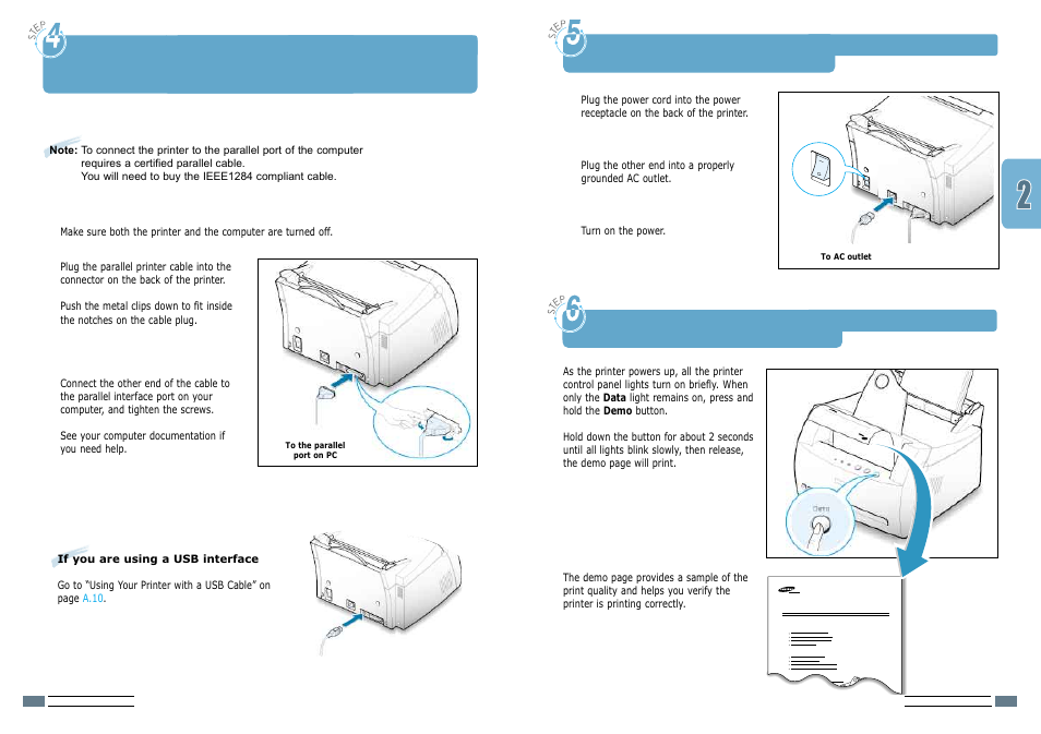 Step 5 turn on the printer, Connect to the computer with a parallel cable, Turn on the printer | Print a demo page, Ml-1210 only) | Samsung ML-1200 User Manual | Page 12 / 65