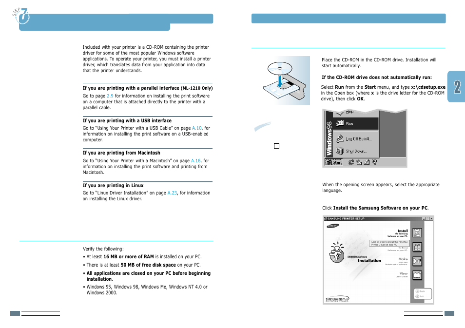 Step 7 install the printer software, Install the printer software, Installing the printer software from the cd-rom | Before installing the printer software | Samsung ML-1200 User Manual | Page 13 / 65