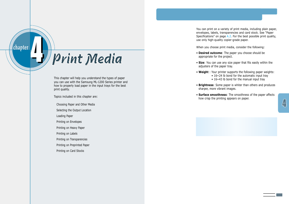 Print media, Choosing paper and other media, Chapter | Samsung ML-1200 User Manual | Page 19 / 65