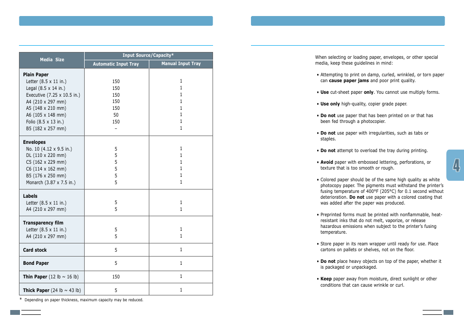 Media sizes and capacities paper guidelines | Samsung ML-1200 User Manual | Page 20 / 65