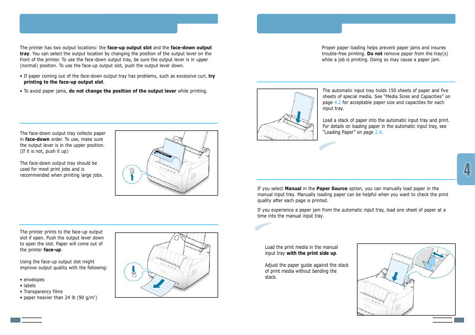 Selecting the output location, Loading paper, Using the automatic input tray | Using the manual input tray | Samsung ML-1200 User Manual | Page 21 / 65