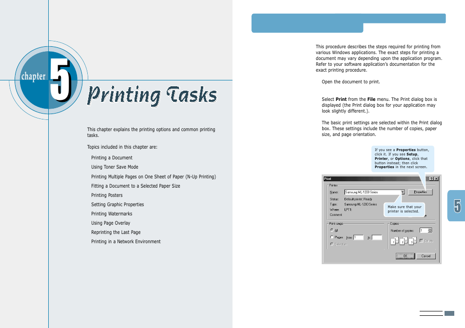 Printing tasks, Printing a document, Chapter | Samsung ML-1200 User Manual | Page 26 / 65