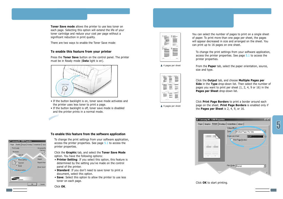 Using toner save mode, Rinting multiple pages on one sheet of paper | Samsung ML-1200 User Manual | Page 29 / 65