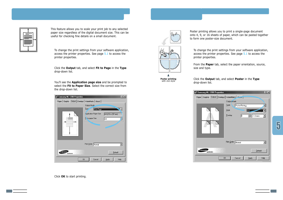 Fitting a document to a selected paper size, Printing posters | Samsung ML-1200 User Manual | Page 30 / 65