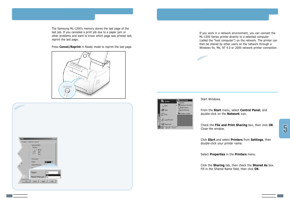 Printing in a network environment, Reprinting the last page, Setting up the host computer | Samsung ML-1200 User Manual | Page 36 / 65