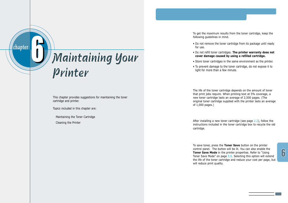 Maintaining your printer, Maintaining the toner cartridge, Chapter | Samsung ML-1200 User Manual | Page 38 / 65