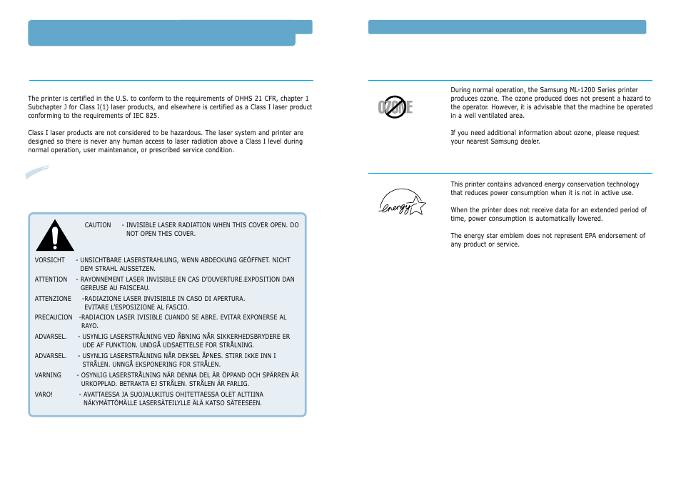 Environmental and safety consideration, Laser safety statement ozone safety power saver | Samsung ML-1200 User Manual | Page 4 / 65