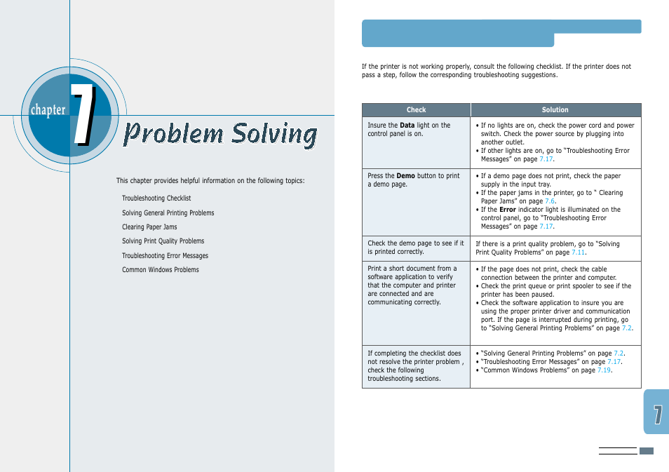 Problem solving, Troubleshooting checklist, Chapter | Samsung ML-1200 User Manual | Page 41 / 65