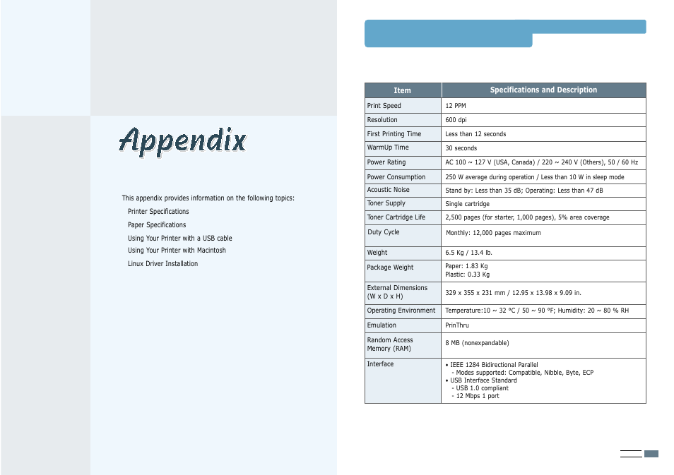 Appendix, Printer specifications | Samsung ML-1200 User Manual | Page 51 / 65