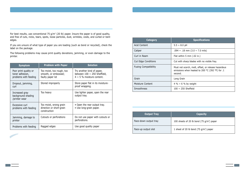 Guidelines for using paper paper output capacity, Paper specifications | Samsung ML-1200 User Manual | Page 53 / 65