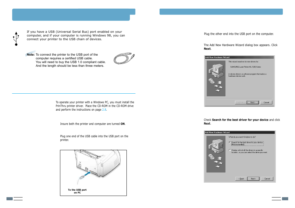 Using your printer with a usb cable, Installing the printer software | Samsung ML-1200 User Manual | Page 56 / 65