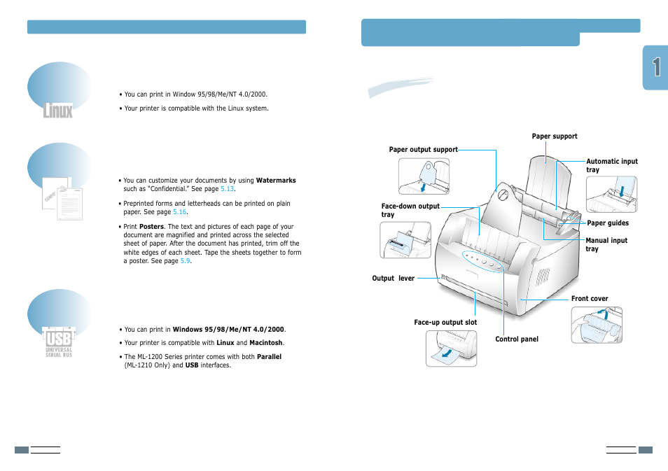 Printer components, Front view | Samsung ML-1200 User Manual | Page 7 / 65