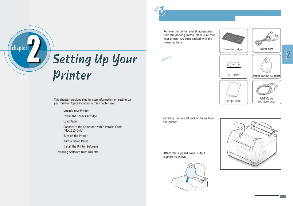 Setting up your printer, Step 1 unpack your printer, Unpack your printer | Chapter | Samsung ML-1200 User Manual | Page 9 / 65