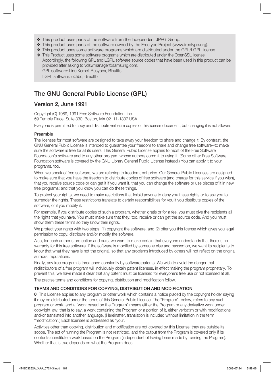 The gnu general public license (gpl) | Samsung HT-BD3252 User Manual | Page 101 / 113