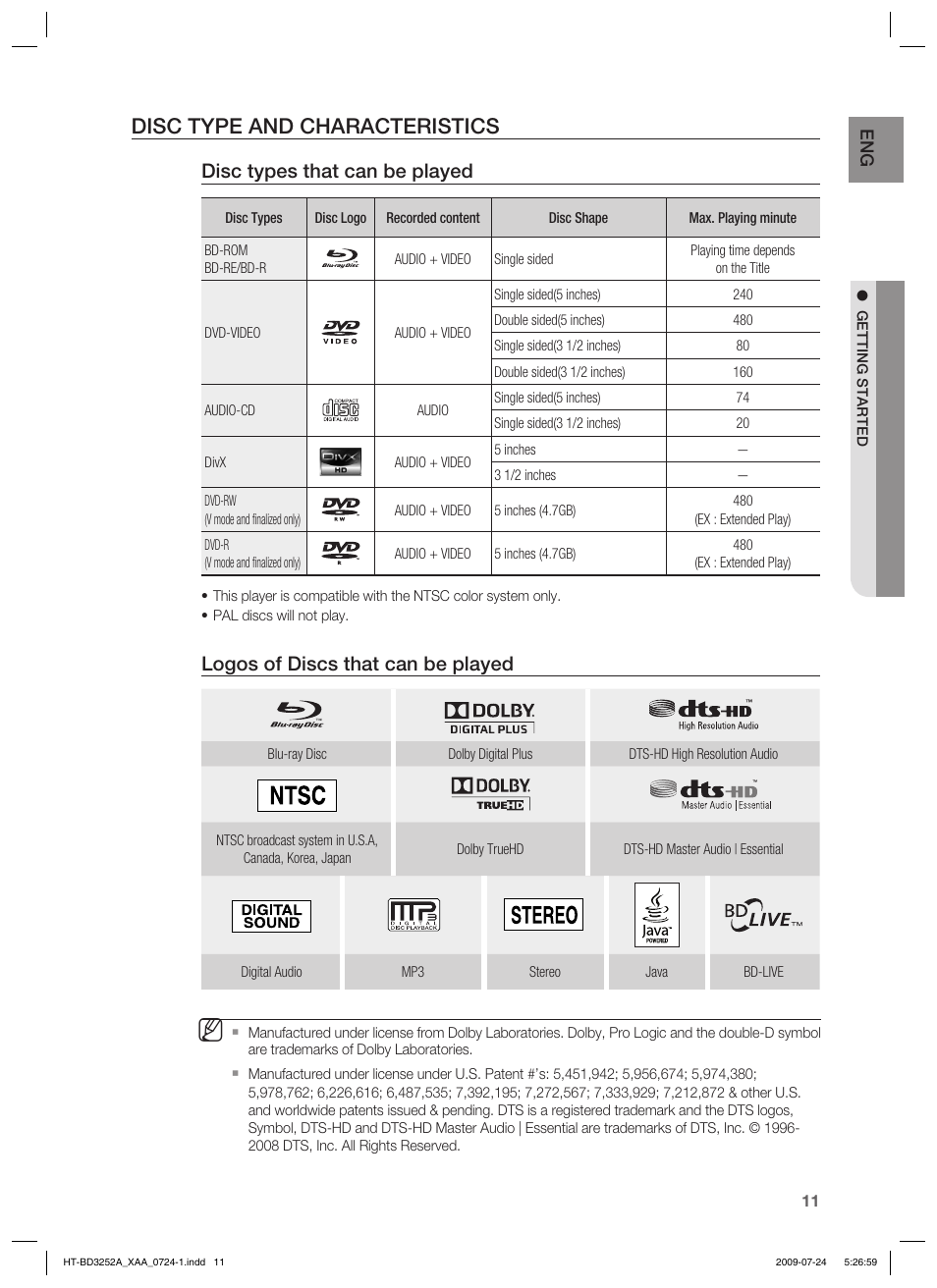 Disc type and characteristics, Disc types that can be played, Logos of discs that can be played | Samsung HT-BD3252 User Manual | Page 11 / 113