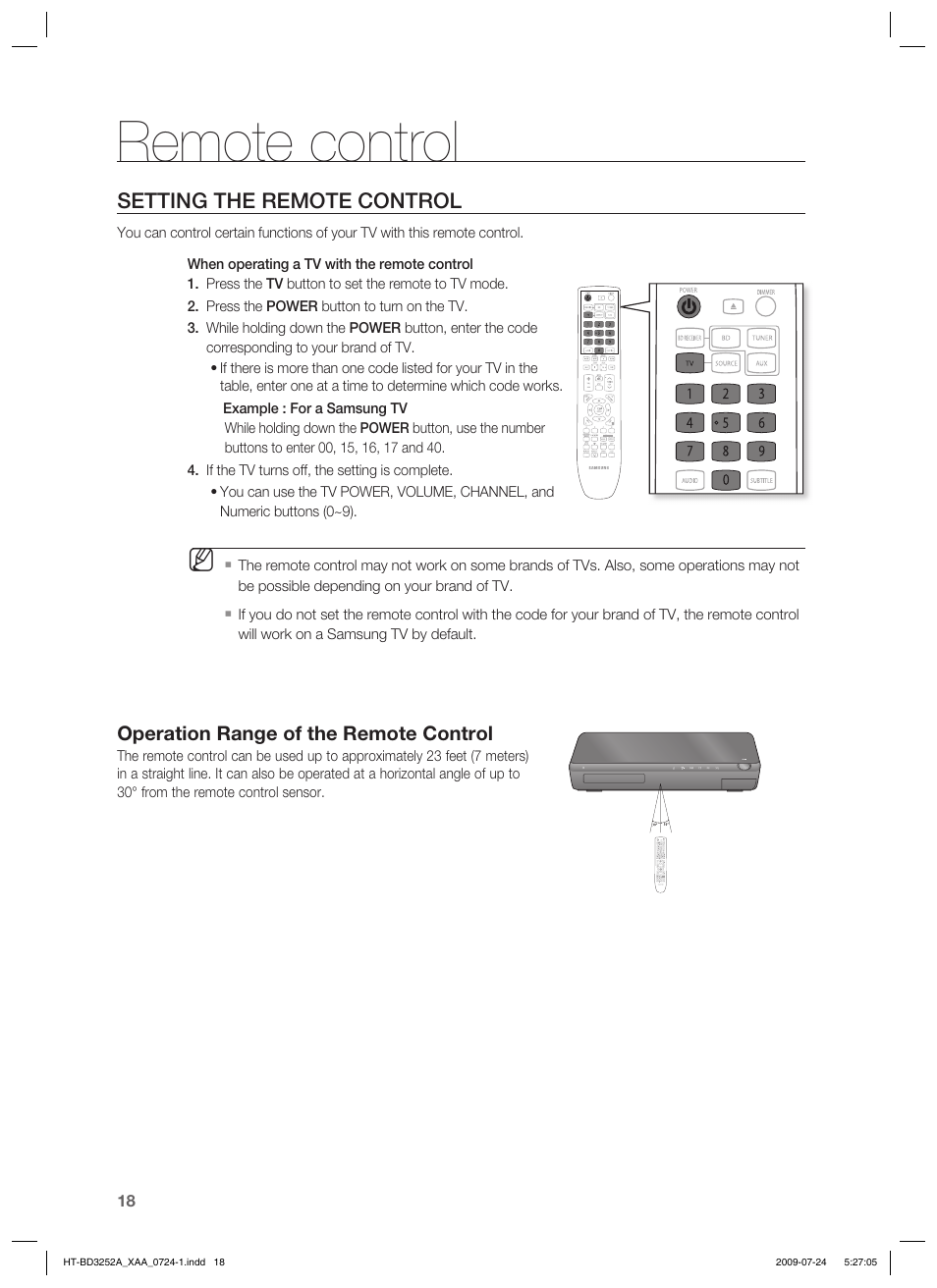 Remote control, Setting the remote control | Samsung HT-BD3252 User Manual | Page 18 / 113