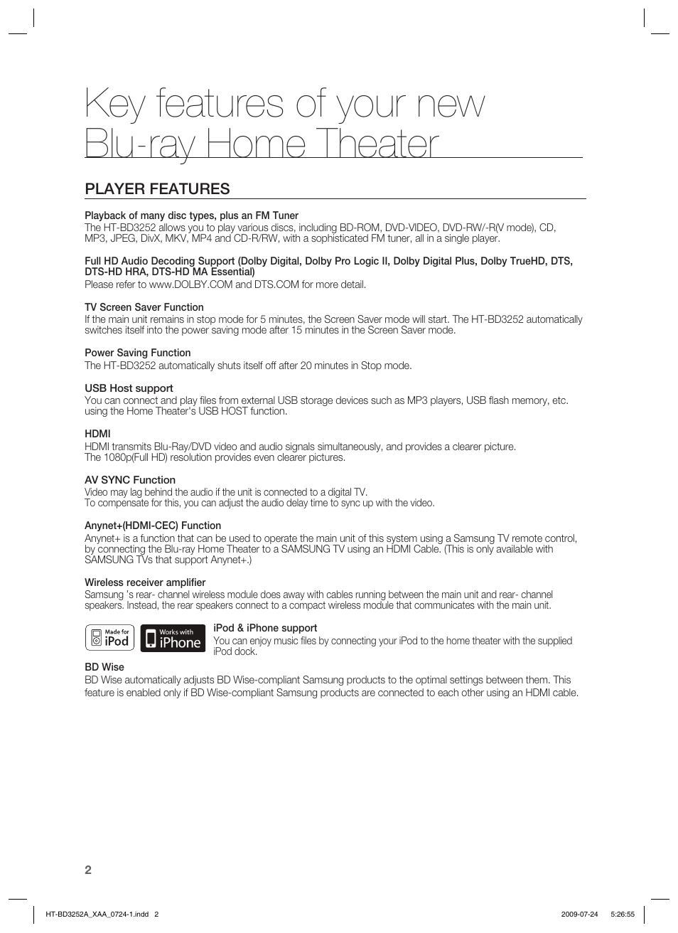 Key features of your newblu-ray home theater, Key features of your new blu-ray home theater, Player features | Samsung HT-BD3252 User Manual | Page 2 / 113