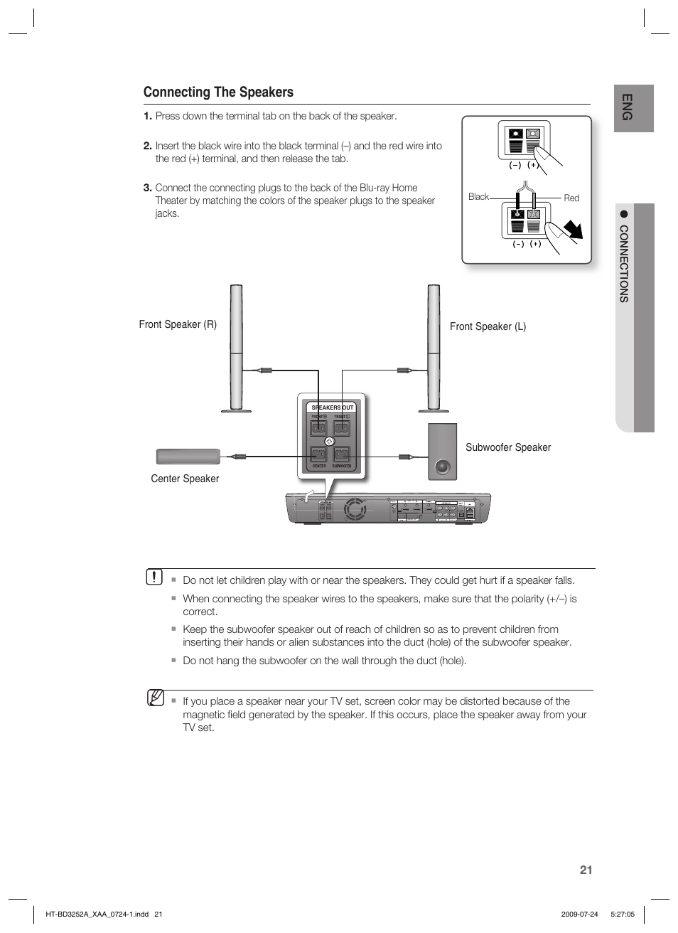 Connecting the speakers | Samsung HT-BD3252 User Manual | Page 21 / 113