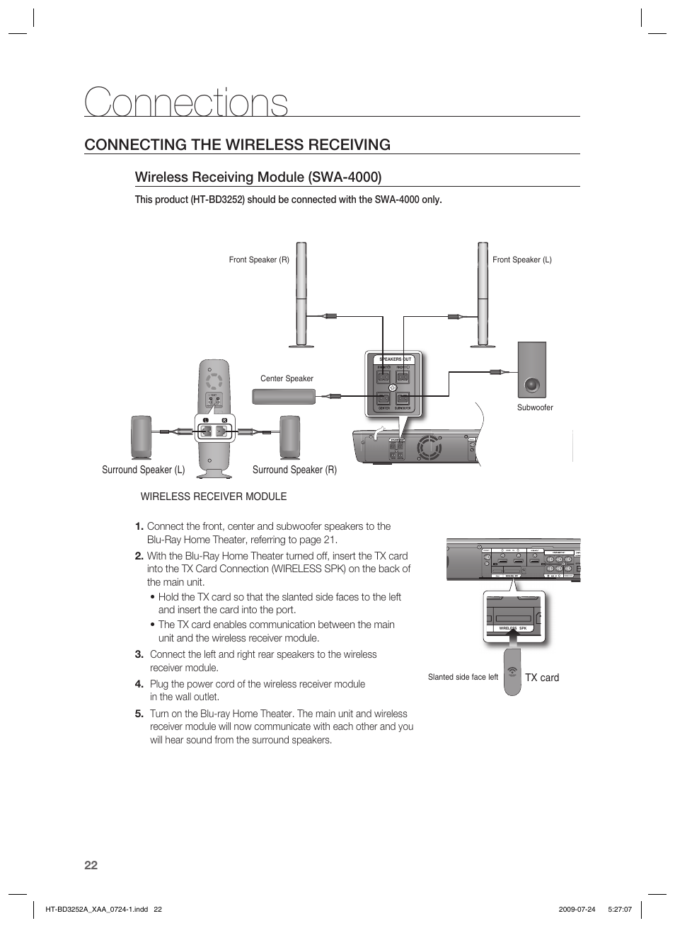 Connections, Connecting the wireless receiving, Wireless receiving module (swa-4000) | Samsung HT-BD3252 User Manual | Page 22 / 113