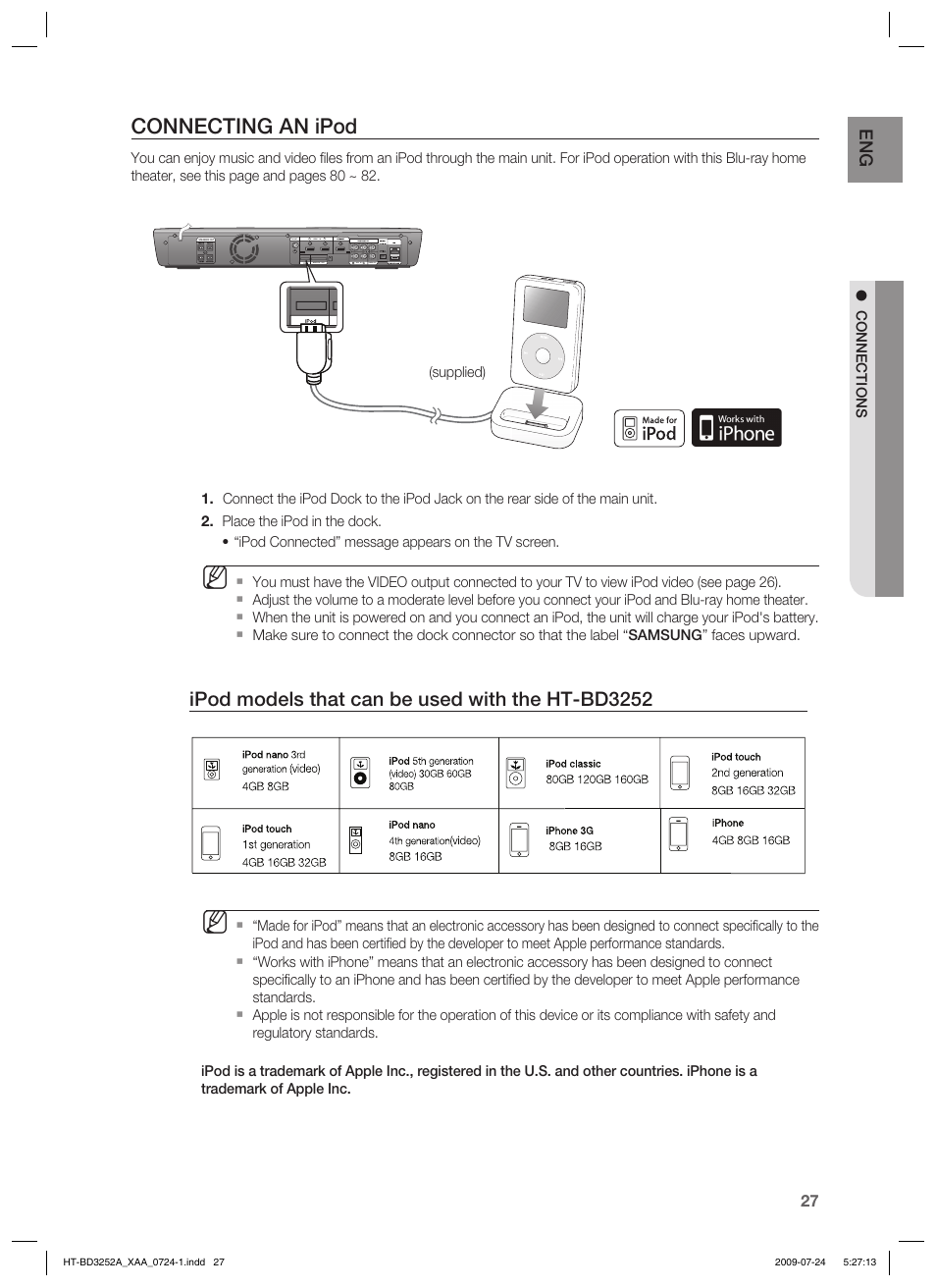 Connecting an ipod, Ipod models that can be used with the ht-bd3252 | Samsung HT-BD3252 User Manual | Page 27 / 113