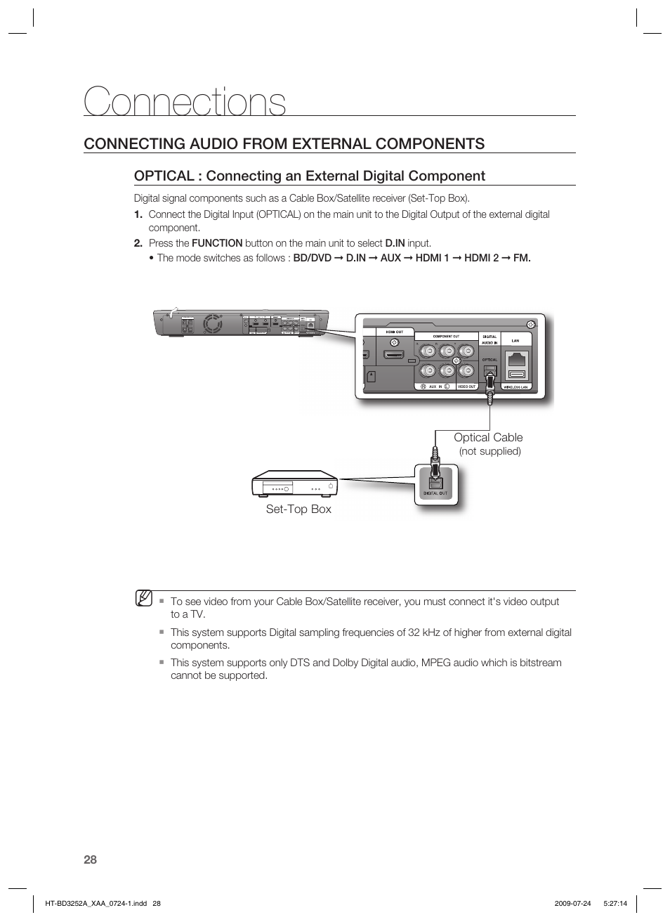 Connections, Connecting audio from external components, Optical : connecting an external digital component | Samsung HT-BD3252 User Manual | Page 28 / 113