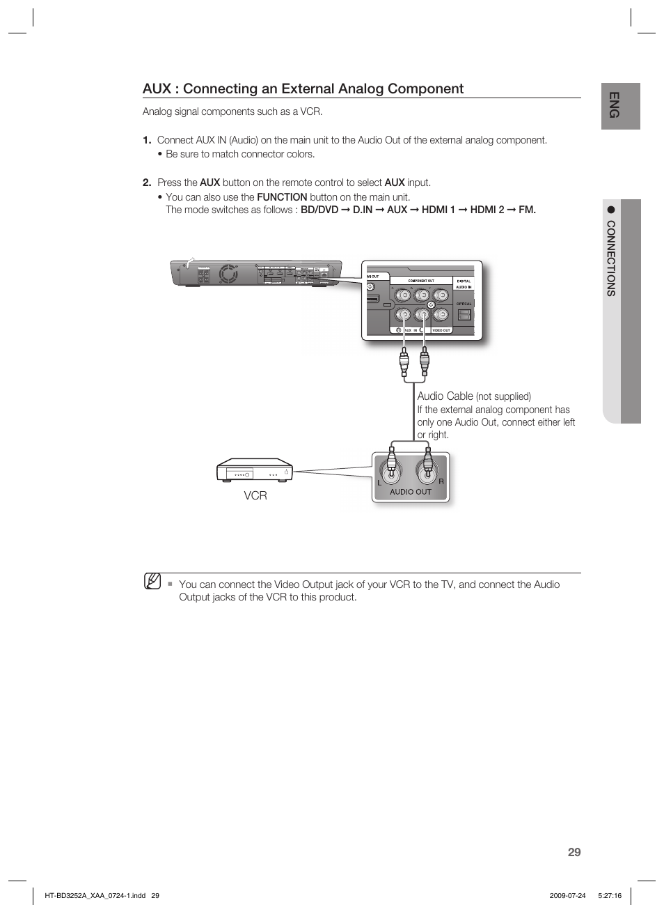 Aux : connecting an external analog component | Samsung HT-BD3252 User Manual | Page 29 / 113