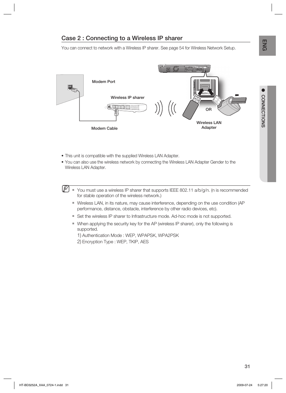 Case 2 : connecting to a wireless ip sharer | Samsung HT-BD3252 User Manual | Page 31 / 113