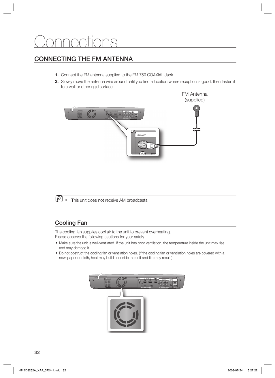 Connections, Connecting the fm antenna, Cooling fan | Samsung HT-BD3252 User Manual | Page 32 / 113