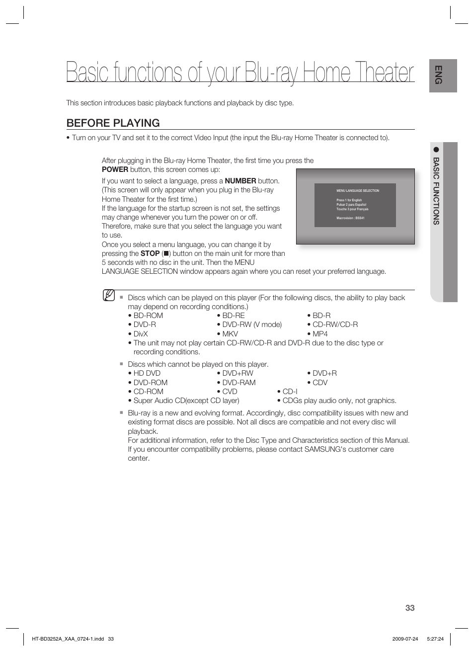 Basic functions of your blu-ray home theater, Before playing | Samsung HT-BD3252 User Manual | Page 33 / 113