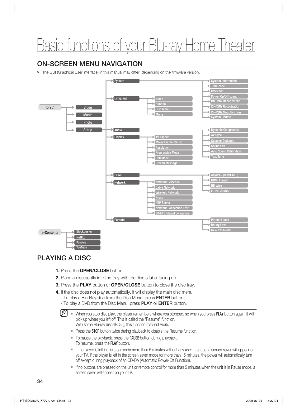 Basic functions of your blu-ray home theater, On-screen menu navigation, Playing a disc | Samsung HT-BD3252 User Manual | Page 34 / 113