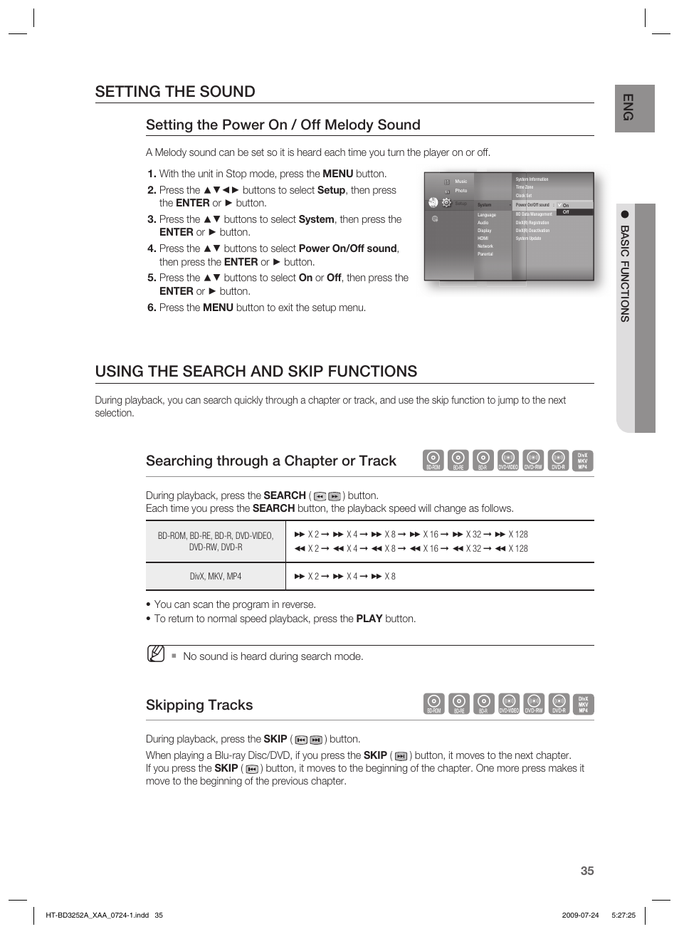 Hgfzcv, Setting the sound, Using the search and skip functions | Setting the power on / off melody sound, Searching through a chapter or track, Skipping tracks | Samsung HT-BD3252 User Manual | Page 35 / 113