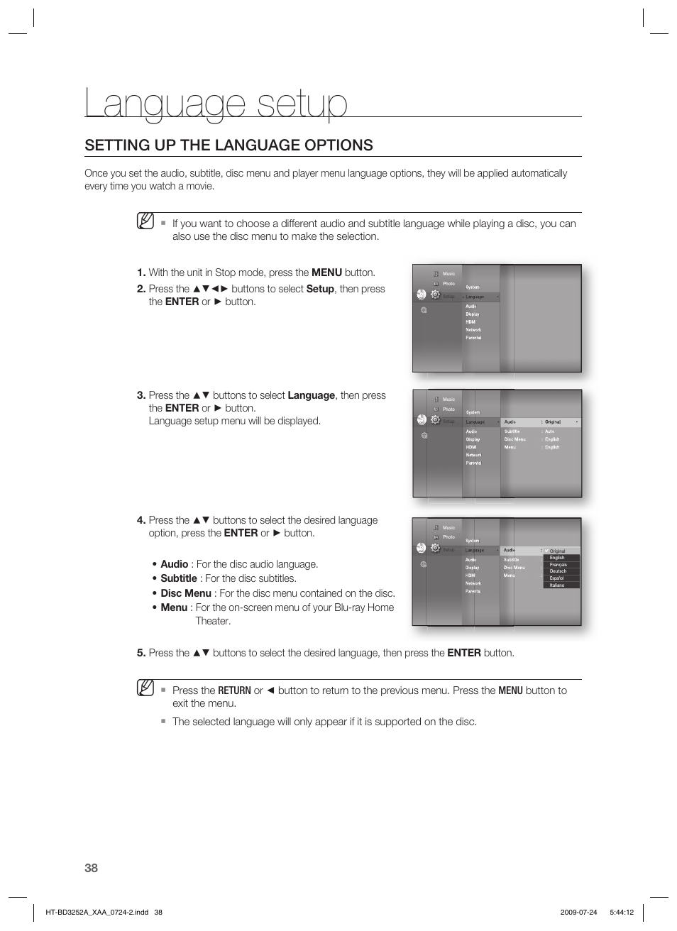 Language setup, Setting up the language options | Samsung HT-BD3252 User Manual | Page 38 / 113