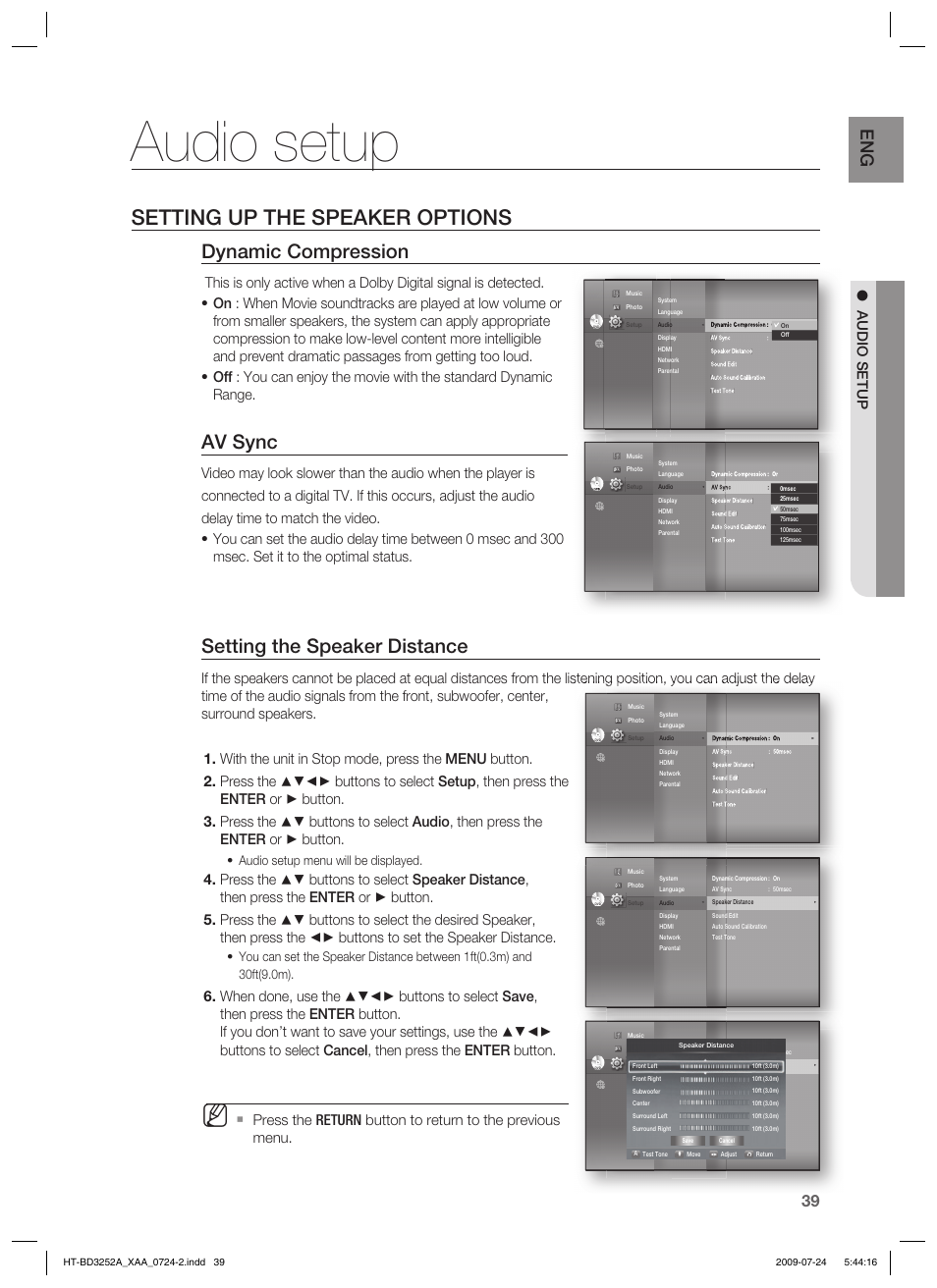 Audio setup, Setting up the speaker options, Dynamic compression | Av sync, Setting the speaker distance, Audio setup menu will be displayed | Samsung HT-BD3252 User Manual | Page 39 / 113