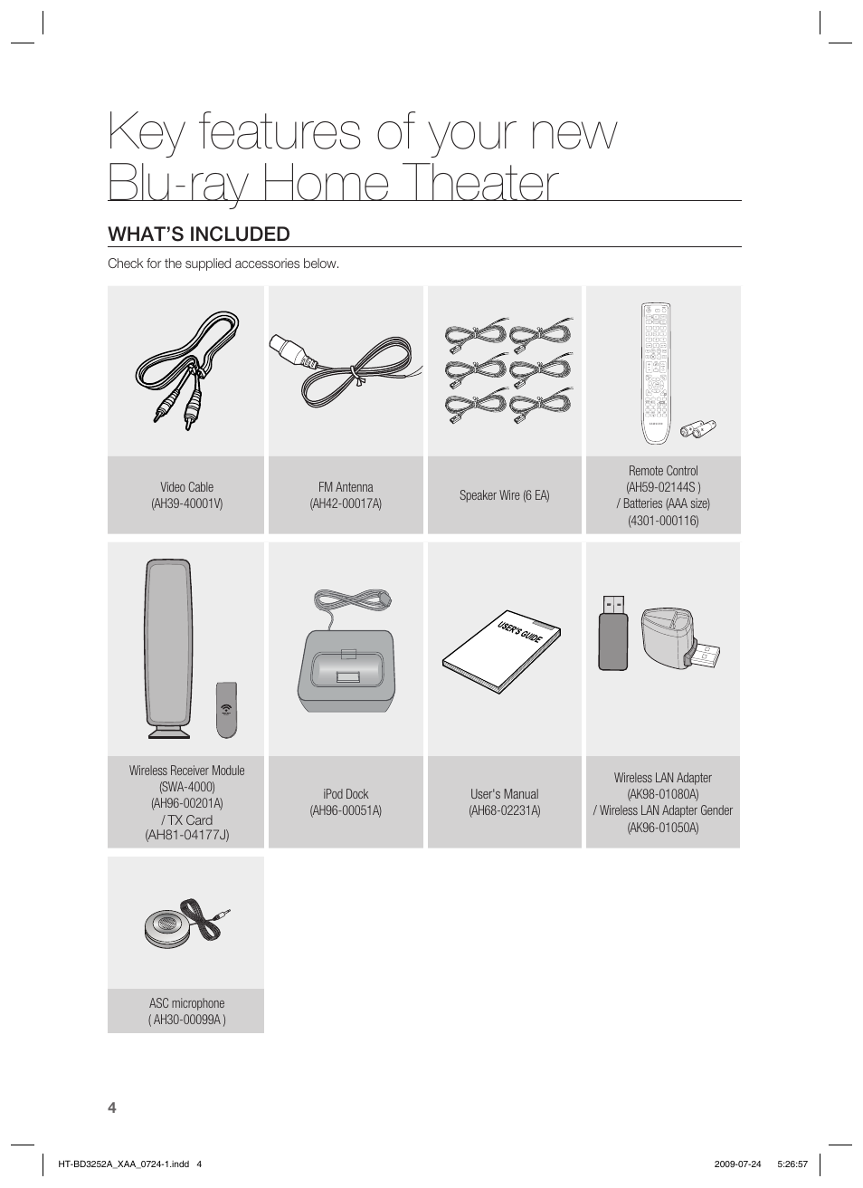 Key features of your new blu-ray home theater, What’s included | Samsung HT-BD3252 User Manual | Page 4 / 113