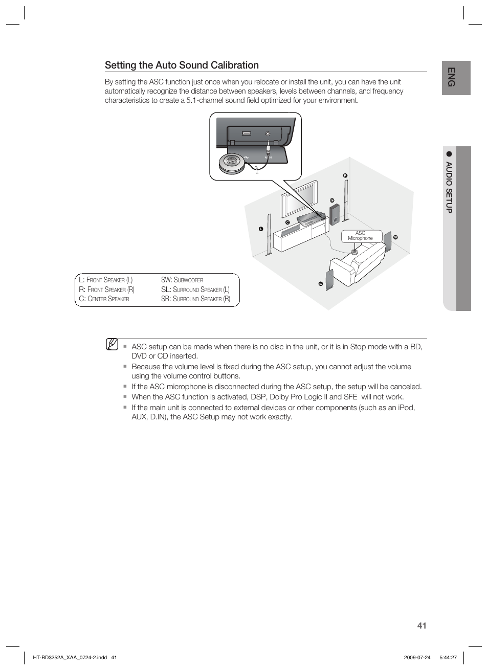 Setting the auto sound calibration | Samsung HT-BD3252 User Manual | Page 41 / 113