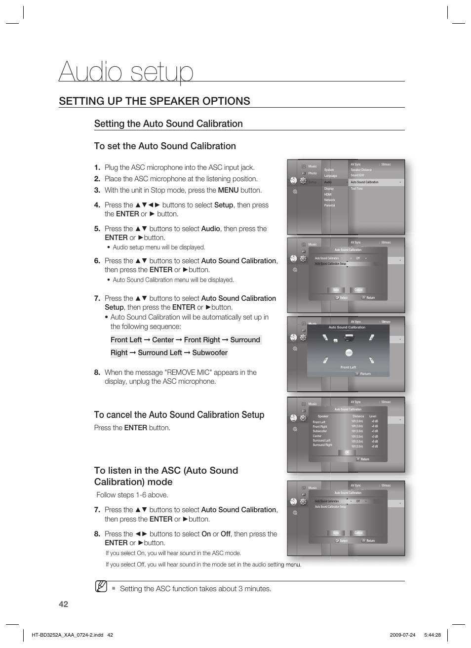 Audio setup, Setting up the speaker options, Setting the auto sound calibration | Press the enter button, Audio setup menu will be displayed, Auto sound calibration menu will be displayed | Samsung HT-BD3252 User Manual | Page 42 / 113